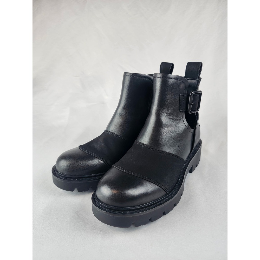 UGG Women's 6.5 Black Leather Buckle Cutout Ankle Boots Lug Sole Chelsea Shoes